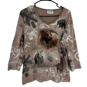 Cactus Shirt Womens Extra Large Brown 3/4 Sleeve Rhinestones Bears Animal Cotton